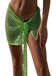 Women Beach Skirt, Cover-Up Skirt Hollowed Solid Summer Mini Knitted Skirt For Vacation SeasideCoachela Festival Swimsuits For Woman, Bathing Suits For Women, Trajes De Baño Mujer - 綠色 - 查看 5