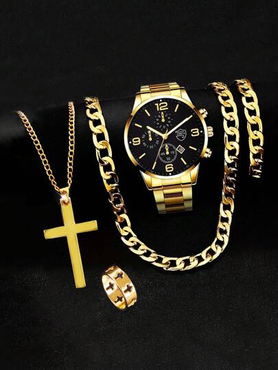 5 Pieces Fashion Set: Quartz Watch With Stainless Steel Strap, Hip-Hop Chain Necklace, Bracelet And Ring - Ideal Holiday Gift
