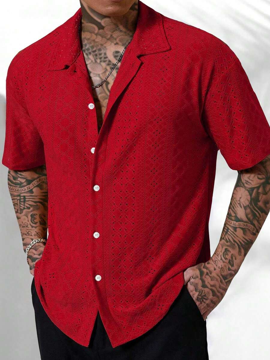大码男士休闲镂空纽扣短袖夏威夷衬衫 - 紅色 - 查看 1