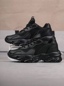 Nuevas zapatillas de moda con suela gruesa, zapatillas gruesas de estilo de tendencia, zapatos casuales versátiles con cordones, cómodos zapatos de alta resistencia al desgaste y talla grande para damas en el comercio transfronterizo - Negro - Ver 6