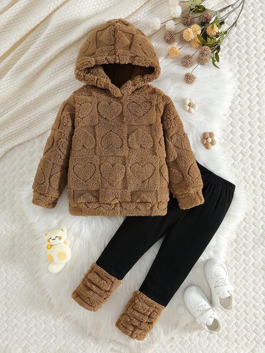 Bộ đồ liền quần nỉ trùm đầu thoải mái cho bé gái và quần legging nỉ trơn màu đơn sắc, mùa đông - Cà phê nâu - Xem 1