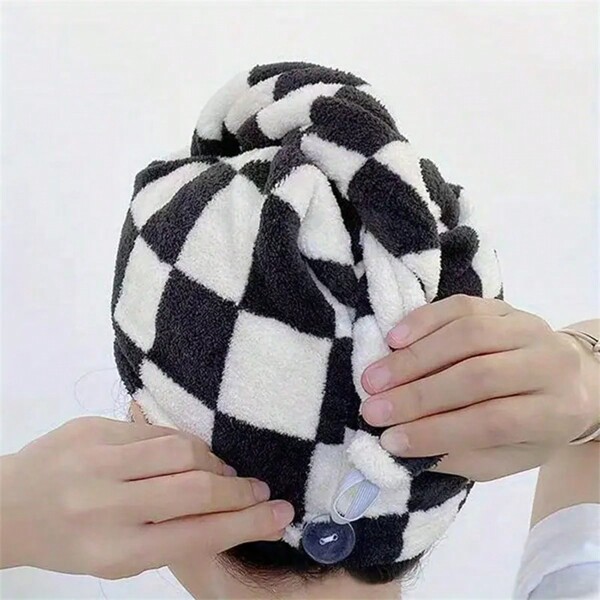 1pc Checkerboard Pattern Hair Drying Cap, Thickened Hair Towel For Bathroom, Women's Super Absorbent Quick-Drying Shower Cap, Bathroom Supplies, Bathroom Accessories Home Bathroom Decor Fall Decor Hair Bonnet