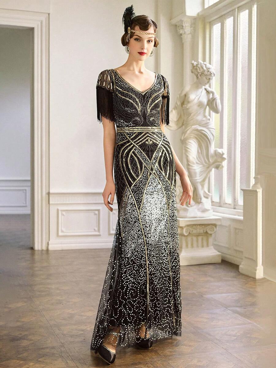 BABEYOND Women's Flapper Dress 1920s V-Neck Evening Gown Sequin Beaded Maxi Dress For Wedding - 金色 - 查看 1