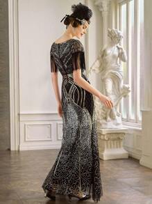 BABEYOND Women's Flapper Dress 1920s V-Neck Evening Gown Sequin Beaded Maxi Dress For Wedding - 金色 - 查看 2