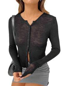 Women Button Up Shirt Casual Solid Color Sheer Long Sleeve Cropped Cardigan Blouse Streetwear Clubwear - Black - View 2