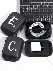 Letter Printing Digital Accessory Storage Box, Suitable For Storage Box For Cable Changer, Digital Accessory Storage Bag, Portable Double-Layer Power Supply Hard Drive Protective Cover, Dust-Proof Data Cable U Disk Headphone Storage Bag, Coin Purse Zipper Bag, Wireless Headset Bluetooth Headset Earplug Charging The Device Box Is Suitable For Business, Travel, School, College, Office,Boho Vibes - Black - View 6
