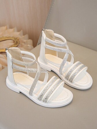 时尚水钻软底街头风格凉鞋，2025年夏季新款拉链后罗马靴，女童鞋