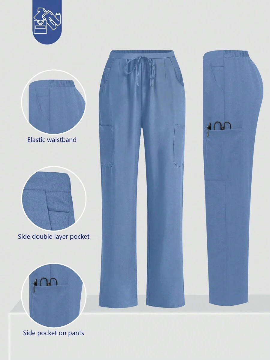 cimmuovere Pantalones de uniforme de enfermera de un solo color cómodo y con múltiples bolsillos para mujeres - Celeste - Ver 1