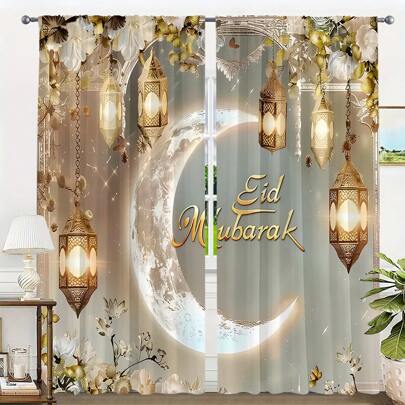 2pcs/Set Golden Moon Ramadan Lantern & Floral Print Window Curtain, Rod Pocket Top, Versatile For Multiple Scenes, Delicate Visual Effect, Ramadan Printed Home Curtain For Bedroom, Living Room, Kitchen, Office