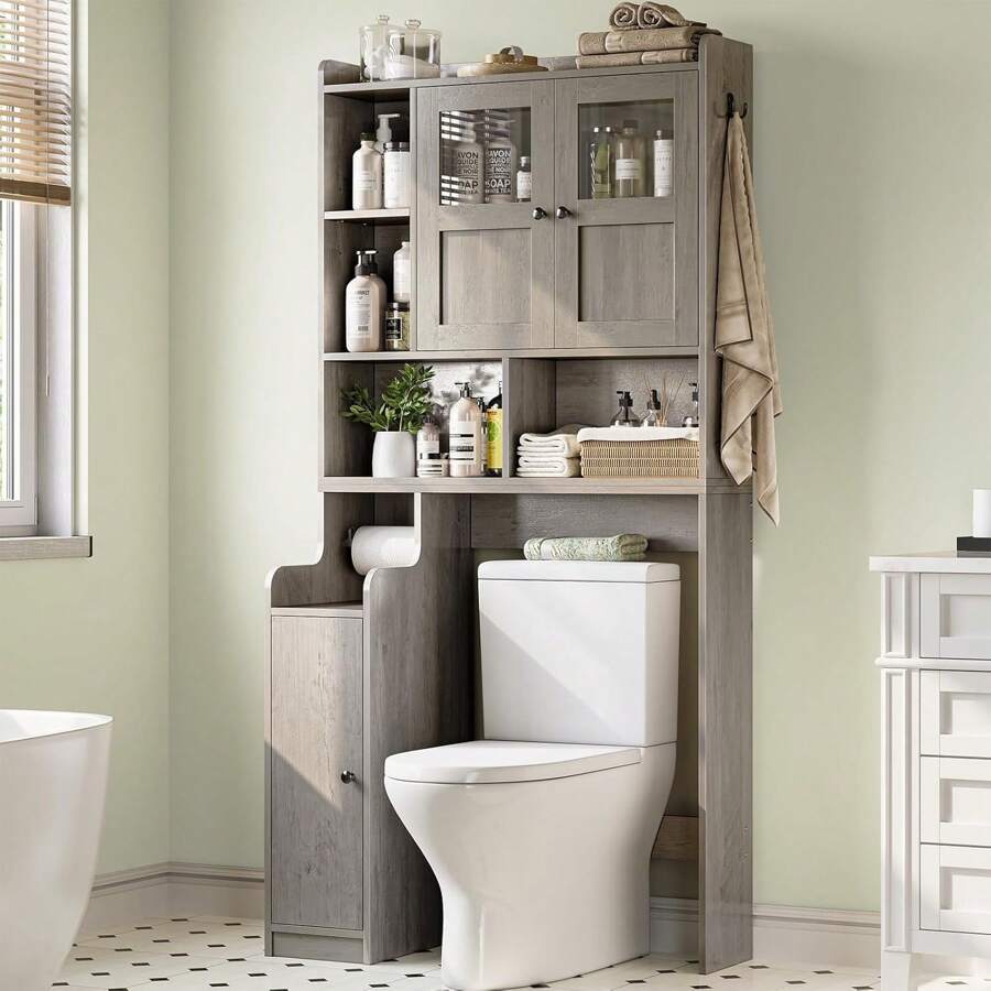 Over The Toilet Storage Cabinet, Over Toilet Bathroom Organizer With Glass Doors And Toilet Paper Holder Stand, Bathroom Toilet Rack - 灰色 - 查看 1