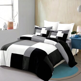 3pcs Black, White And Grey Plaid Pattern Duvet Cover Set (1*Duvet Cover + 2*Pillowcases,Without Core), Fashionable Pattern Bedding Room Decoration, Soft And Comfortable Bedding Set
