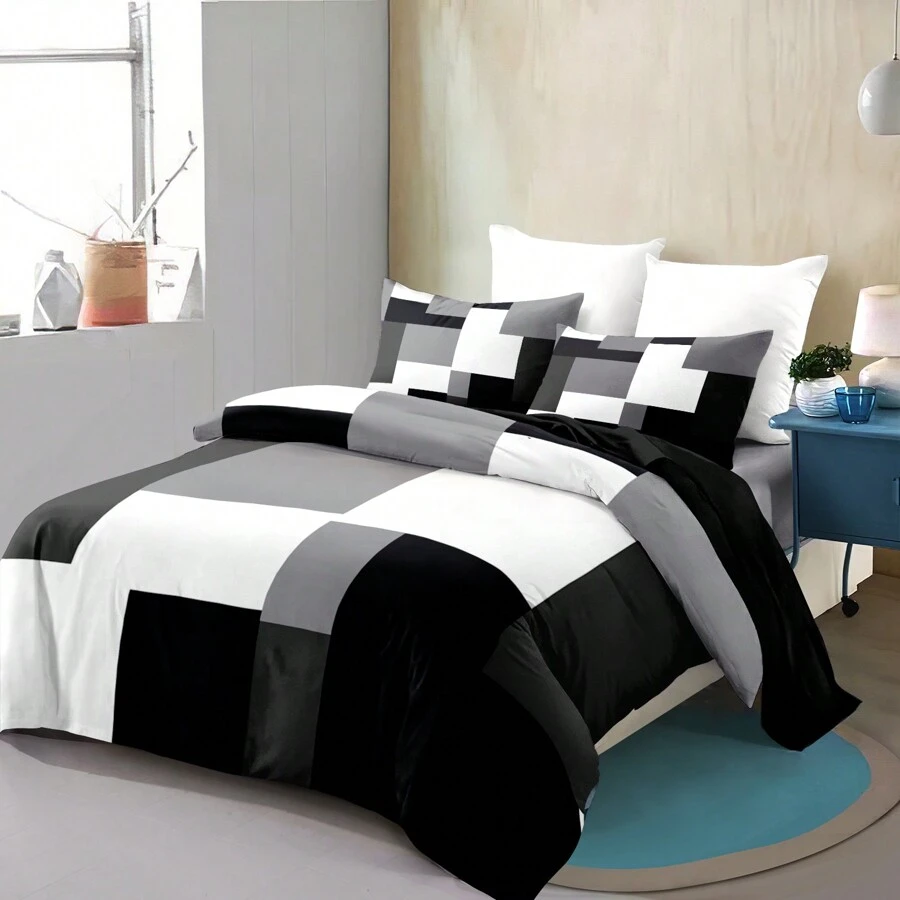 3pcs Black, White And Grey Plaid Pattern Duvet Cover Set (1*Duvet Cover + 2*Pillowcases,Without Core), Fashionable Pattern Bedding Room Decoration, Soft And Comfortable Bedding Set - Multicolor - View 1
