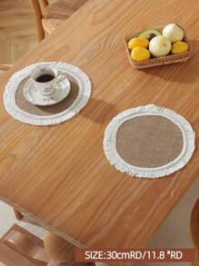 1pc 100% Linen Vintage Rustic Lace Edge Round Placemat, Suitable For Kitchen, Dining Table, Desk, Coffee Table, Vanity, Home Decor, Living Room, Bedroom, Yard, Indoor Outdoor, Camping, Villa, Holiday, Party, Wedding, Cabinet, Family Gathering, Holiday Decoration