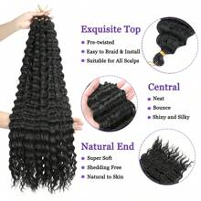 海洋波浪钩针编织发，30 英寸黑色深波浪编织发，适合女性，合成卷曲钩针接发，波浪编织发，波西米亚钩针编织发