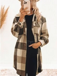 Khaki Plaid Button Down Flap Pocket Long Coat