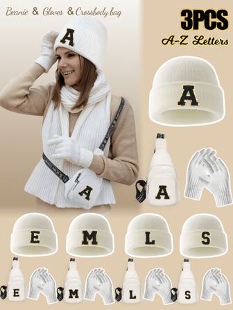 3 件套男女通用 26 字母针织无檐便帽、露指手套和斜挎包套装，个性化、百搭、保暖，适合秋冬季日常穿着，理想的礼物