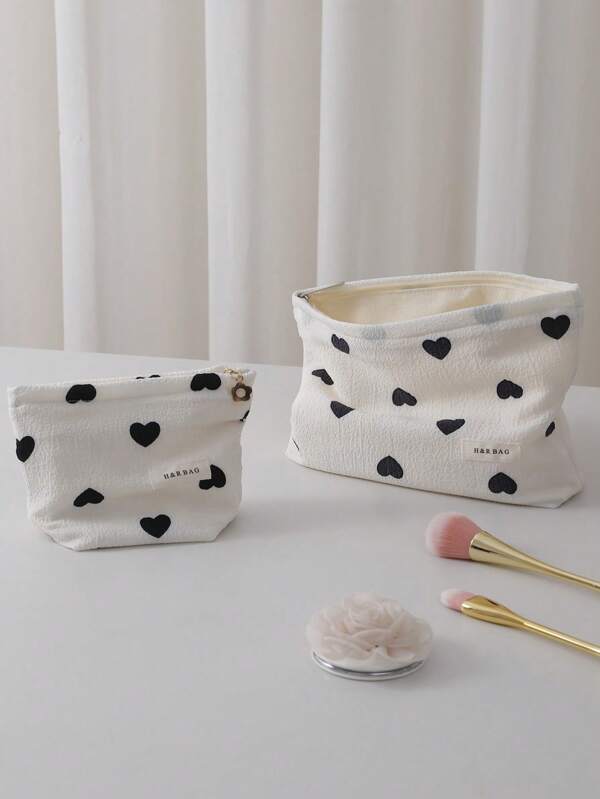 1 peça/conjunto fundo branco preto amor viagem armazenamento bolsa de cosméticos flores douradas requintado zíper de metal bolsa de higiene pessoal portátil amor impressão moda bolsa de armazenamento, adequado para batom