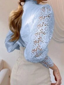 Women Mock Neck Victorian Lace Puff Sleeve Shirt  Elegant Vintage Blouse Going Out Outfits For Women - 藍色 - 查看 4