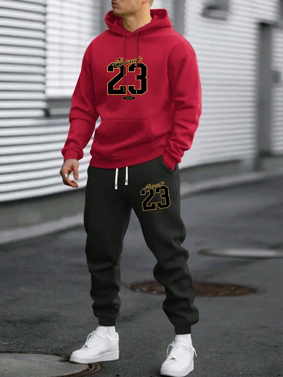 Bộ áo hoodie và quần nỉ dáng ôm nhẹ cho nam, họa tiết in chữ và số cá nhân hóa, trang phục thời trang thường ngày có túi và dây rút ở eo, phù hợp cho mùa xuân/thu, quà tặng tuyệt vời cho chồng/bạn trai, dạo phố, đi làm, hoạt động ngoài trời - Đỏ - Xem 1