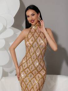 Modphy 奢华闪亮 BeCrystal 水钻高领网纱紧身连衣裙，婚礼伴娘礼服，晚宴礼服，春季优雅 - 金色 - 查看 9