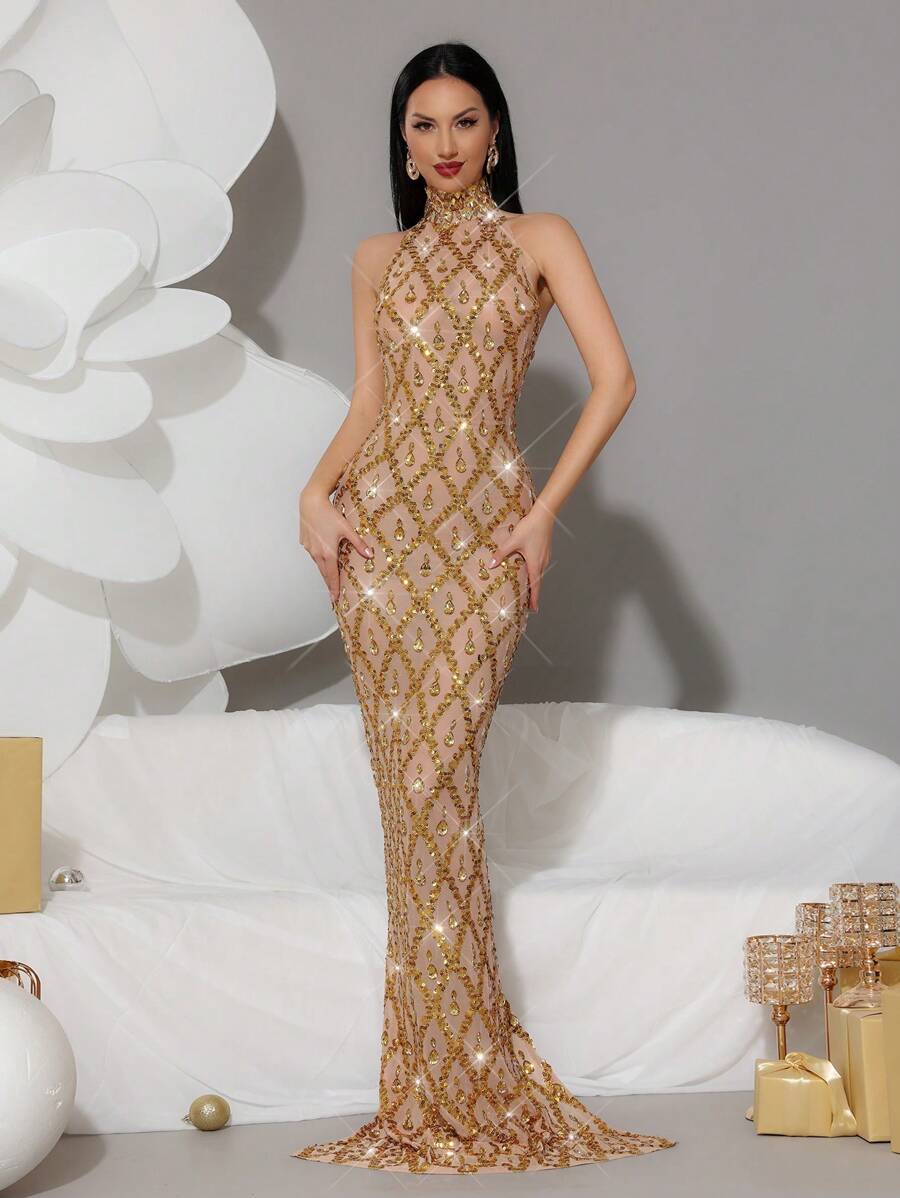 Đầm ôm sát cổ cao bằng vải lưới đính đá lấp lánh sang trọng Modphy, thích hợp cho đám cưới, phù dâu, dự tiệc tối, mùa xuân thanh lịch. - Vàng - Xem 1