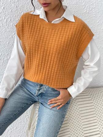 1pc Women's Solid Color Sleeveless Knitted Vest, Casual Yellow Knit Cardigan, Relaxed Versatile Knit Tank Top With Crew Neck, Comfortable Spring/Summer New Arrival For Outdoor Stroll