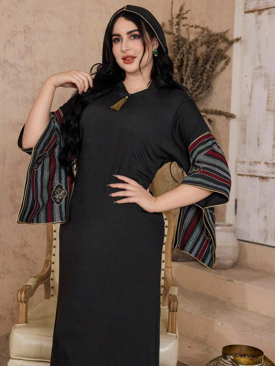 ASBB 重工刺繡金色阿拉伯女款 JALABIYA 連衣裙，附流蘇 V 領與帽子，黑色優雅禮服，2026 秋季度假派對休閒穿搭