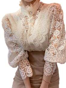 Women Mock Neck Victorian Lace Puff Sleeve Shirt  Elegant Vintage Blouse - 杏色 - 查看 1