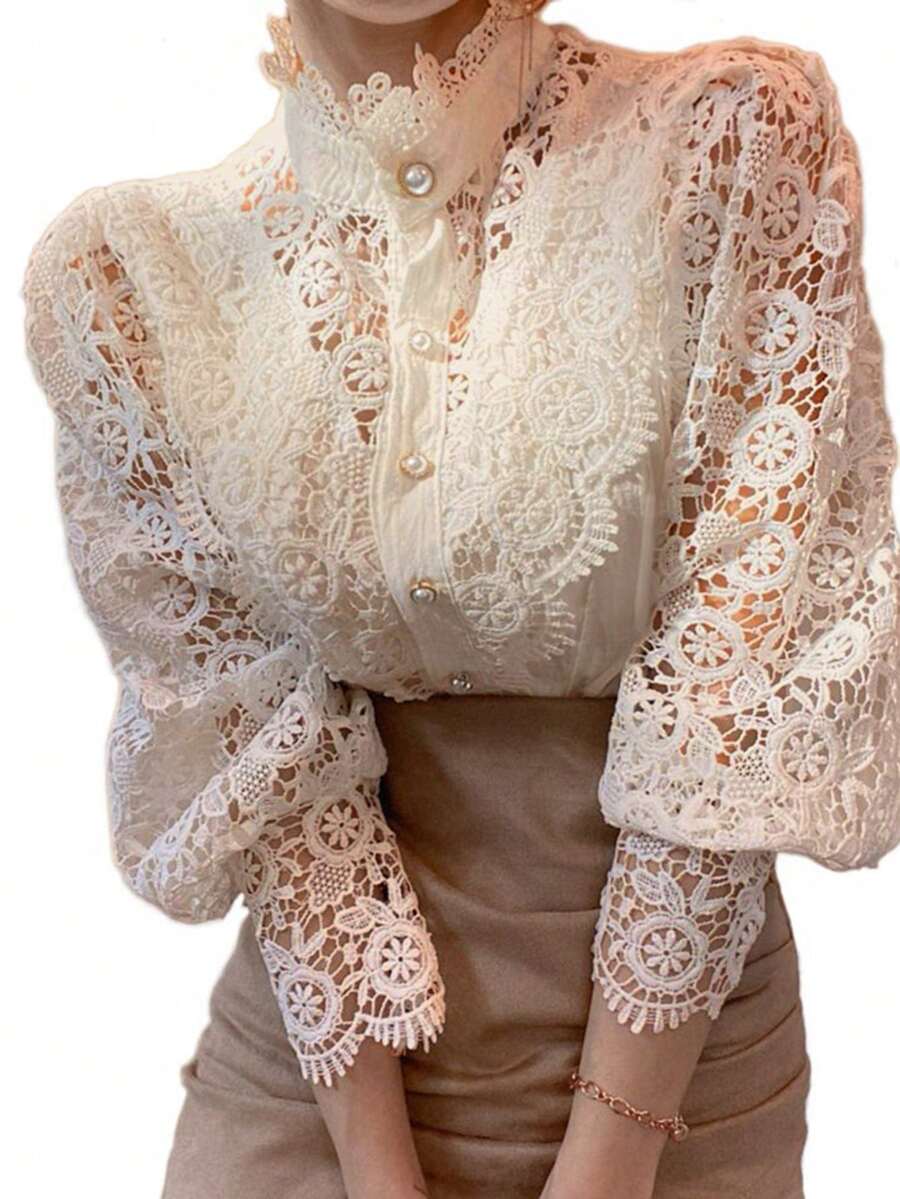 Women Mock Neck Victorian Lace Puff Sleeve Shirt  Elegant Vintage Blouse - 杏色 - 查看 1