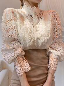 Women Mock Neck Victorian Lace Puff Sleeve Shirt  Elegant Vintage Blouse - 杏色 - 查看 2