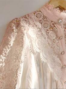 Women Mock Neck Victorian Lace Puff Sleeve Shirt  Elegant Vintage Blouse - 杏色 - 查看 5