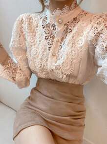Women Mock Neck Victorian Lace Puff Sleeve Shirt  Elegant Vintage Blouse - 杏色 - 查看 4