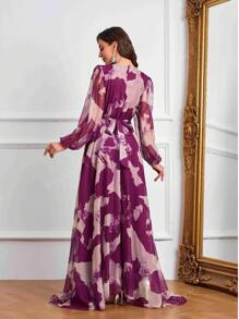 Women's V-Neck Crossed Wrap Elegant Long Sleeve Random Printed Dress