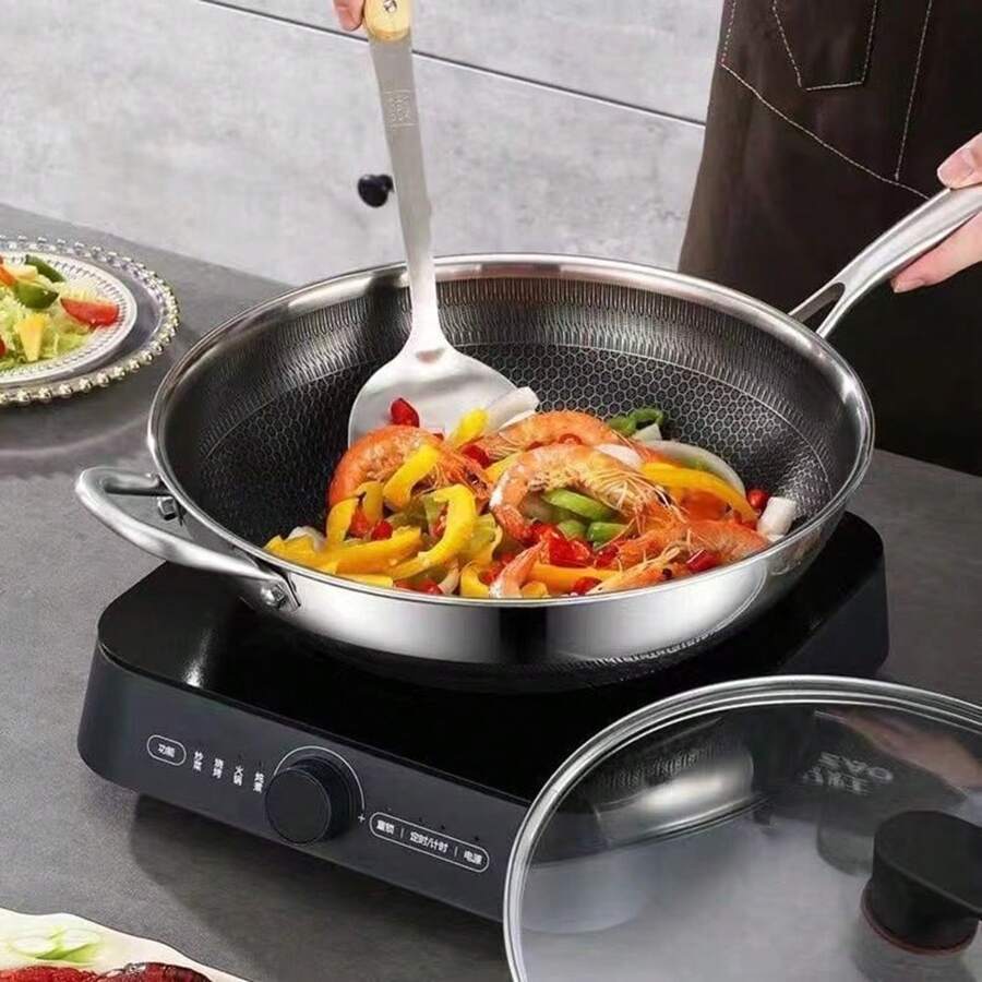 Stainless Steel Honeycomb Cooking Frying Pan And Stand-Up Glass Lid With Side Ear For Restaurant Family Use - Black - View 1