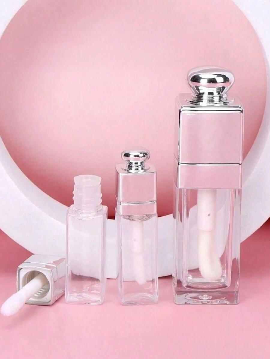 1 PC 3ML/10ML Silver Mini Transparent Lip Gloss Tube Large Brush Strip Square Silver Lip Gloss Tube Muzi Brush Head Lip Glaze Empty Tube Refill Bottle Lipstick Tube
