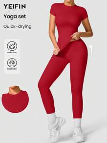 YEIFIN 2/4 件女式纯色圆领 T 恤和高腰紧身裤运动服套装，运动舒适 T 恤和紧身裤，适合瑜伽健身房锻炼，女士夏季返校运动服，女式运动服，Downtown GirlOutfit 春夏风格 - 紅色 - 查看 1