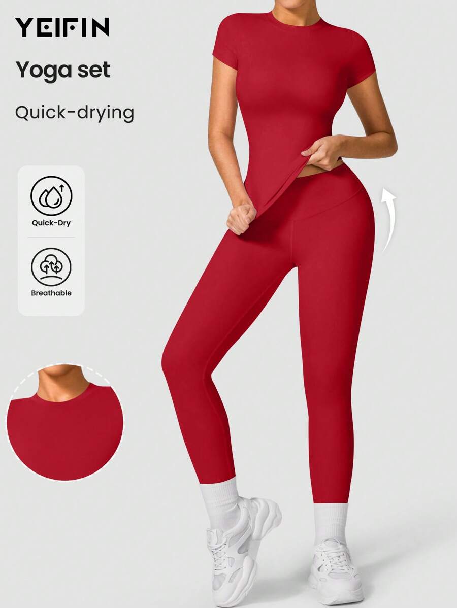 YEIFIN 2/4 件女式纯色圆领 T 恤和高腰紧身裤运动服套装，运动舒适 T 恤和紧身裤，适合瑜伽健身房锻炼，女士夏季返校运动服，女式运动服，Downtown GirlOutfit 春夏风格 - 紅色 - 查看 1