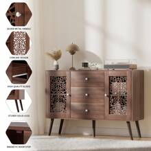 Sideboard Buffet Cabinet With Storage, Bar Liquor Cabinet With Rattan Decorated Doors, Vintage Side Cabinet For Dining Room, Living Room,Hallway - Brown - View 4