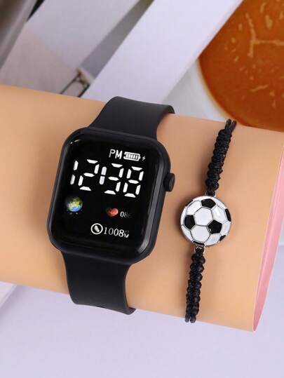 1 Pc Football Shaped LED Digital Wristwatch, With Square Silicone Strap And 1 Pc Football Print Band, Suitable For Daily Wear, For Boys Or Girls