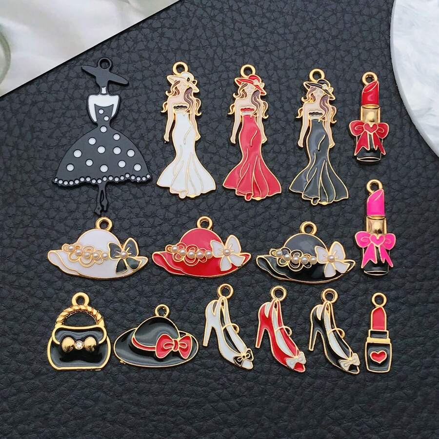 5/15pcs Fashionable Enamel Elegant Woman Lipstick/Hat/Bag/High-Heeled Shoes Charm Plated Alloy Pendant DIY Women Bracelet Necklace Earrings Jewelry Making Craft Accessories, Gifts For Lovers & Friends