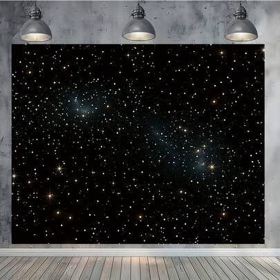 1pc Black Starry Night Sky Photography Backdrop, Space Theme Starry Background