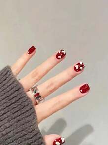 Valentines Nails 24Pcs Short Square Red & White Double Heart Glossy Printed Nail Stickers + 1Pc Jelly Gel + 1Pc Nail File, Valentine'S Day & New Year Press On Nails Nail Supplies Nails - Red and White - View 1