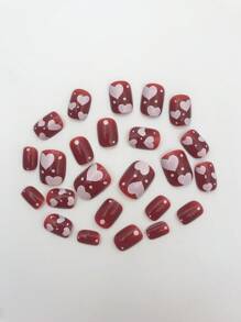 Valentines Nails 24Pcs Short Square Red & White Double Heart Glossy Printed Nail Stickers + 1Pc Jelly Gel + 1Pc Nail File, Valentine'S Day & New Year Press On Nails Nail Supplies Nails - Red and White - View 3