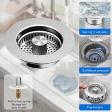 3-In-1 Kitchen Sink Drain Filter, Stainless Steel Wrapped Shell Drain Plug Combination, Pop-Up Sink Plug, Stainless Steel Anti Clogging Basket Filter, Suitable For American Standard 3-1/2 Inch (About 8.9 Cm) Drain Pipe