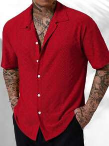 大码男士休闲镂空纽扣短袖夏威夷衬衫 - 紅色 - 查看 3