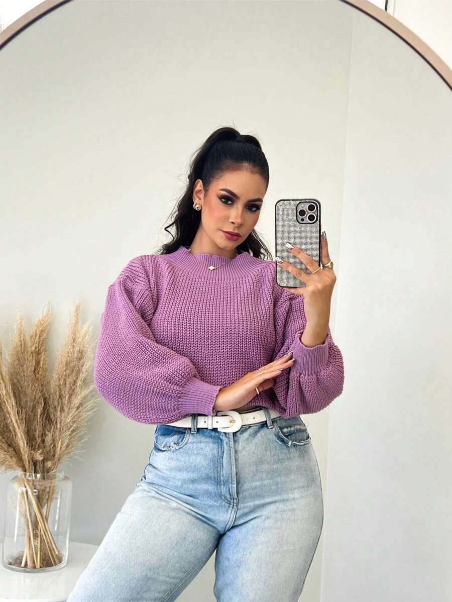 SELINE Women's Elegant Knitted Basic Cold Weather Blouse - 紫丁香色 - 查看 1