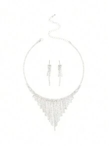 1pc Exaggerated Fashionable Personalized Rhinestone Silver Tassel Necklace, Design Suitable For Women Party Wear - Silver - View 7