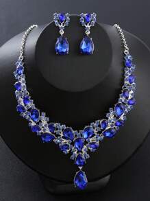 夸张时尚水晶项链耳环套装，金属全镶钻石，适合新娘婚纱、晚礼服配饰