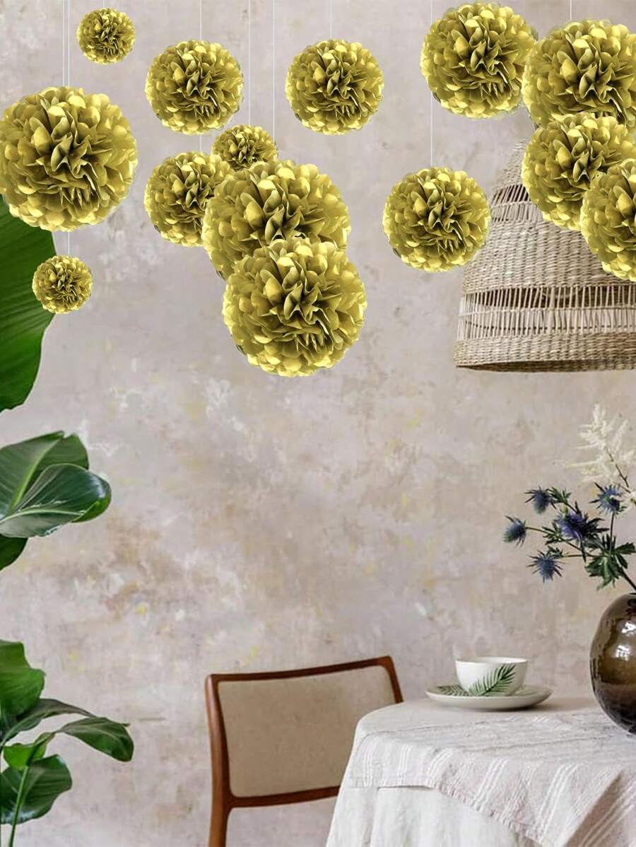 12 件/套纸花球挂饰，适用于派对、婚礼、庆典、户外装饰、生日派对 - 金色 - 查看 1