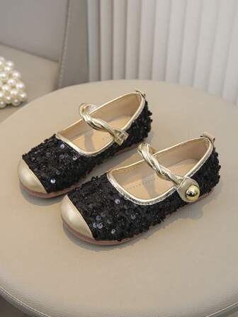Girls Sequin Princess Shoes, 2024 Spring & Summer Korean Mary Jane Soft Bottom Champagne Fairy Shoes